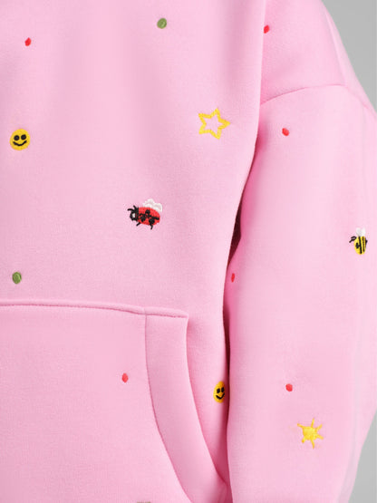 Kids Allover Embroidered Hoodie - Cute Oversized Girls Hoodie